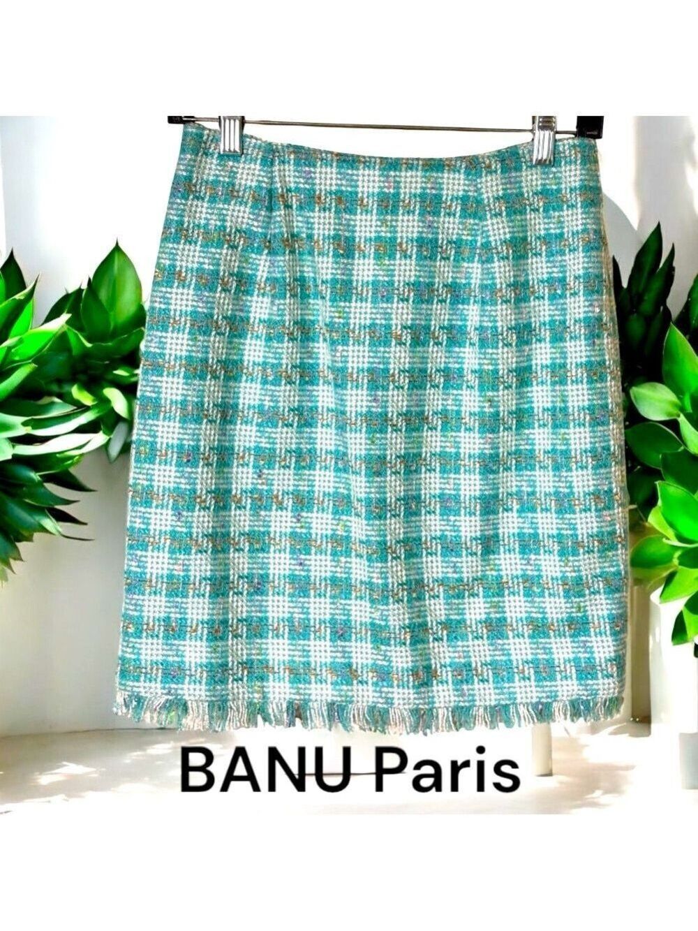 BANU Paris-Tweed pencil skirt. Size 6. Tiffany blue/multi. Back zip/lined. EUC!!
